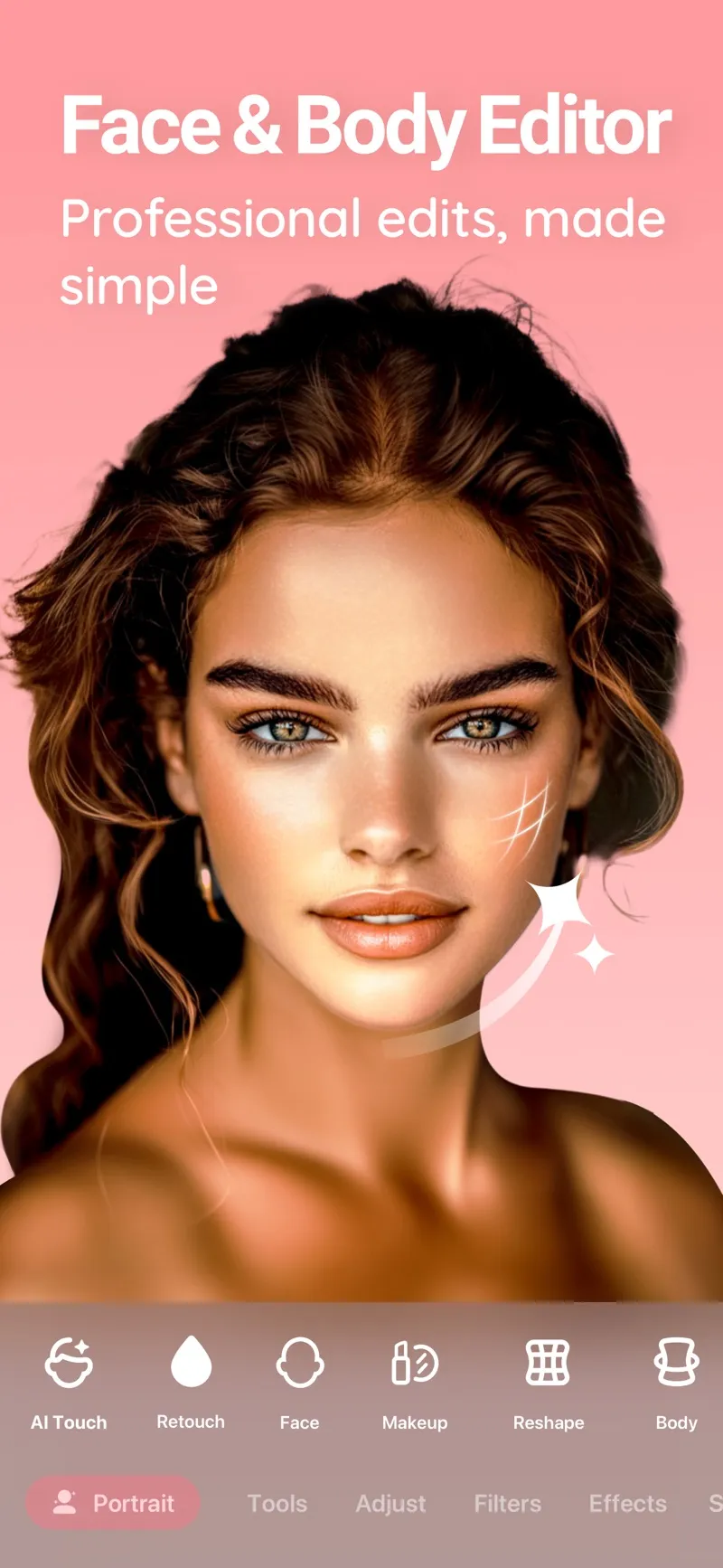 Peachy's App Store image shows portrait retouching alongside Reshape and Body controls