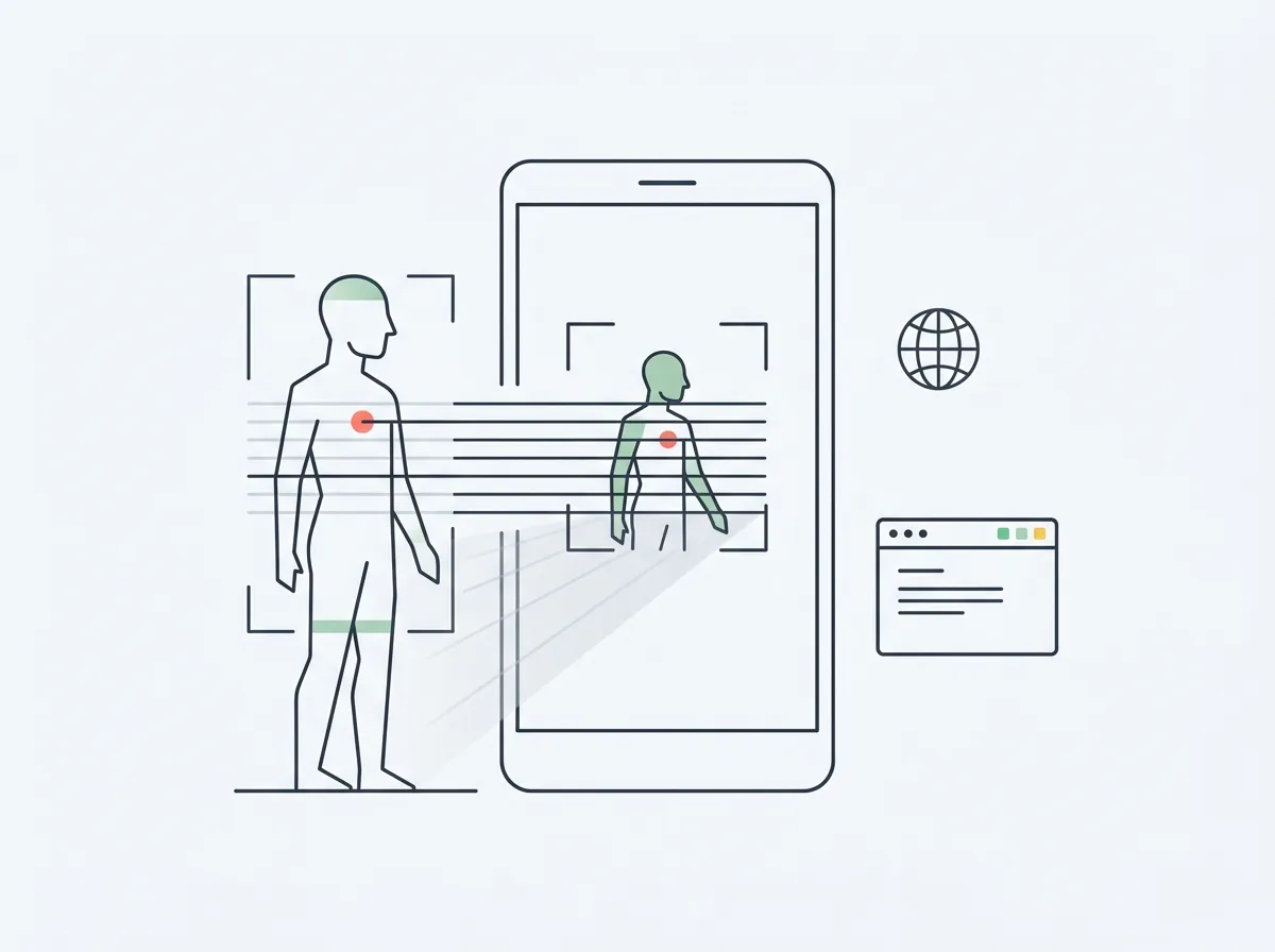 A person being scanned into a phone screen with analysis lines, next to a globe icon and a browser window
