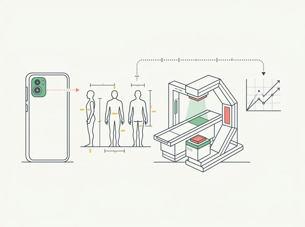 Minimalist illustration of a phone camera comparing body silhouettes with a medical DEXA scanner and accuracy chart
