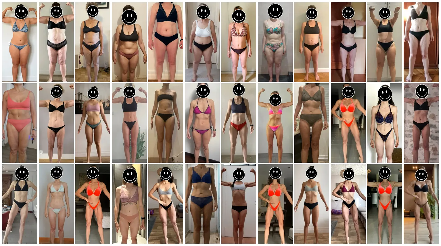 The complete set of 36 anonymized front-view photos used in GainFrame's DEXA body-fat accuracy benchmark