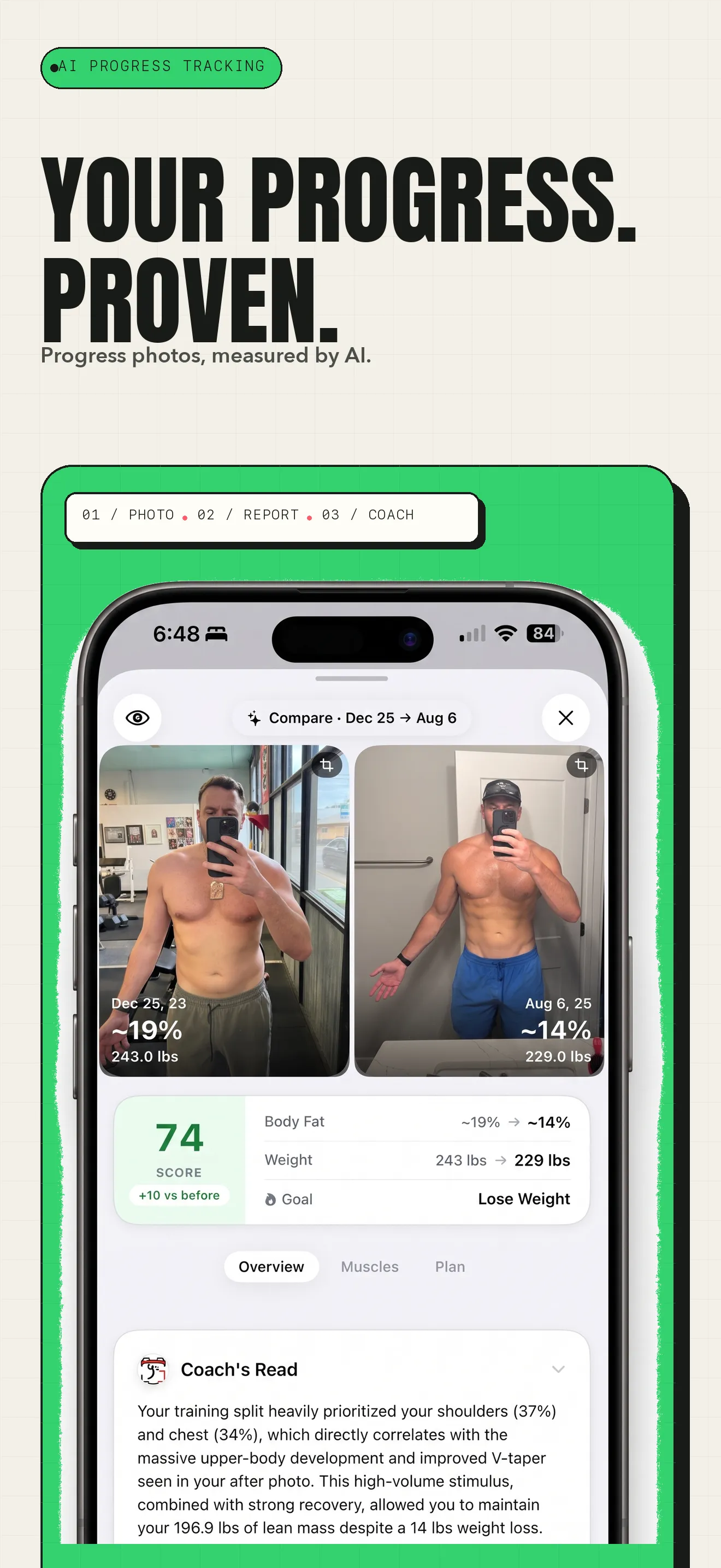 GainFrame progress comparison with body-fat estimates and physique analysis