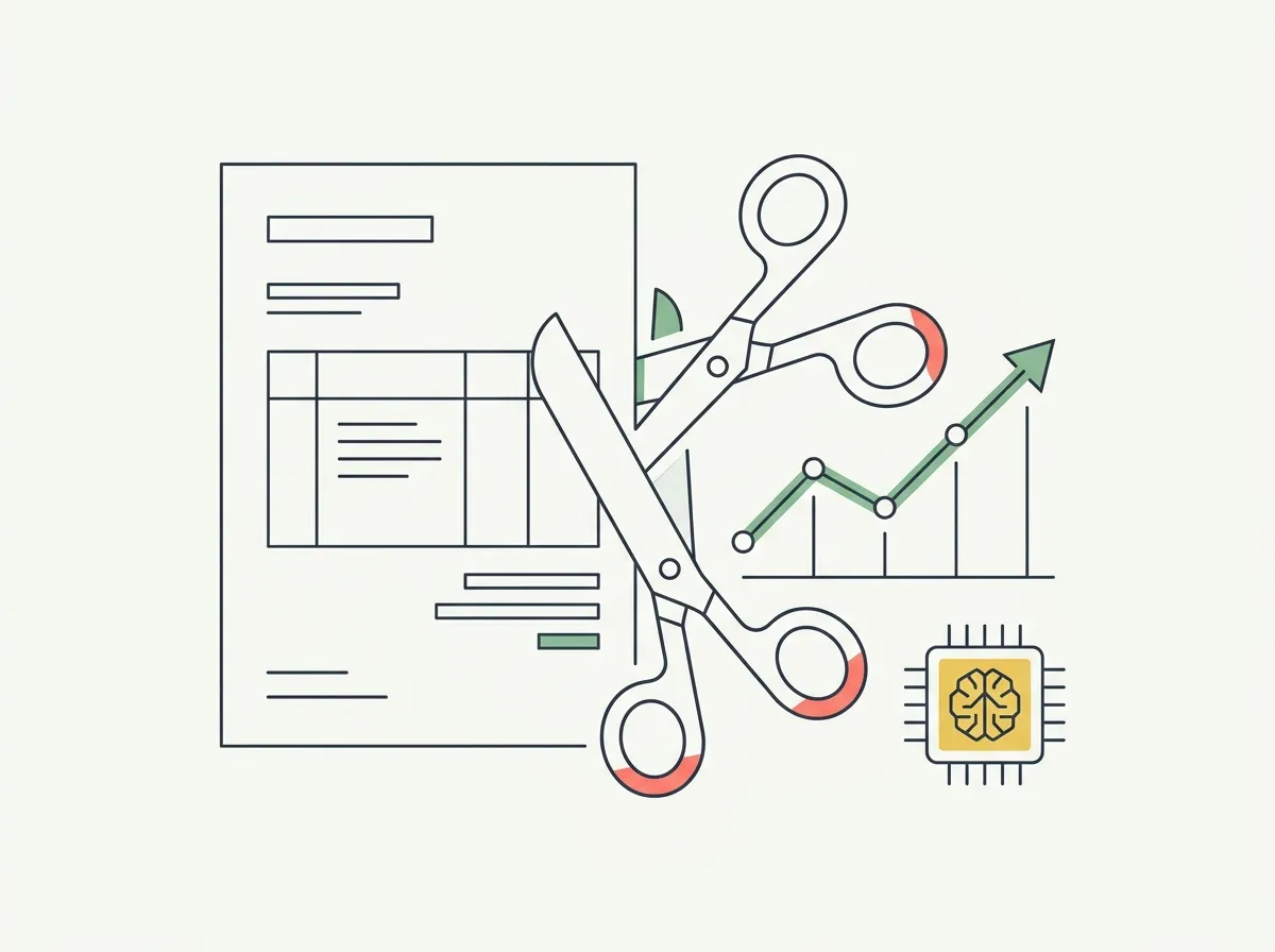 Line-art illustration of an oversized invoice being trimmed with scissors next to a rising line chart and a small AI chip