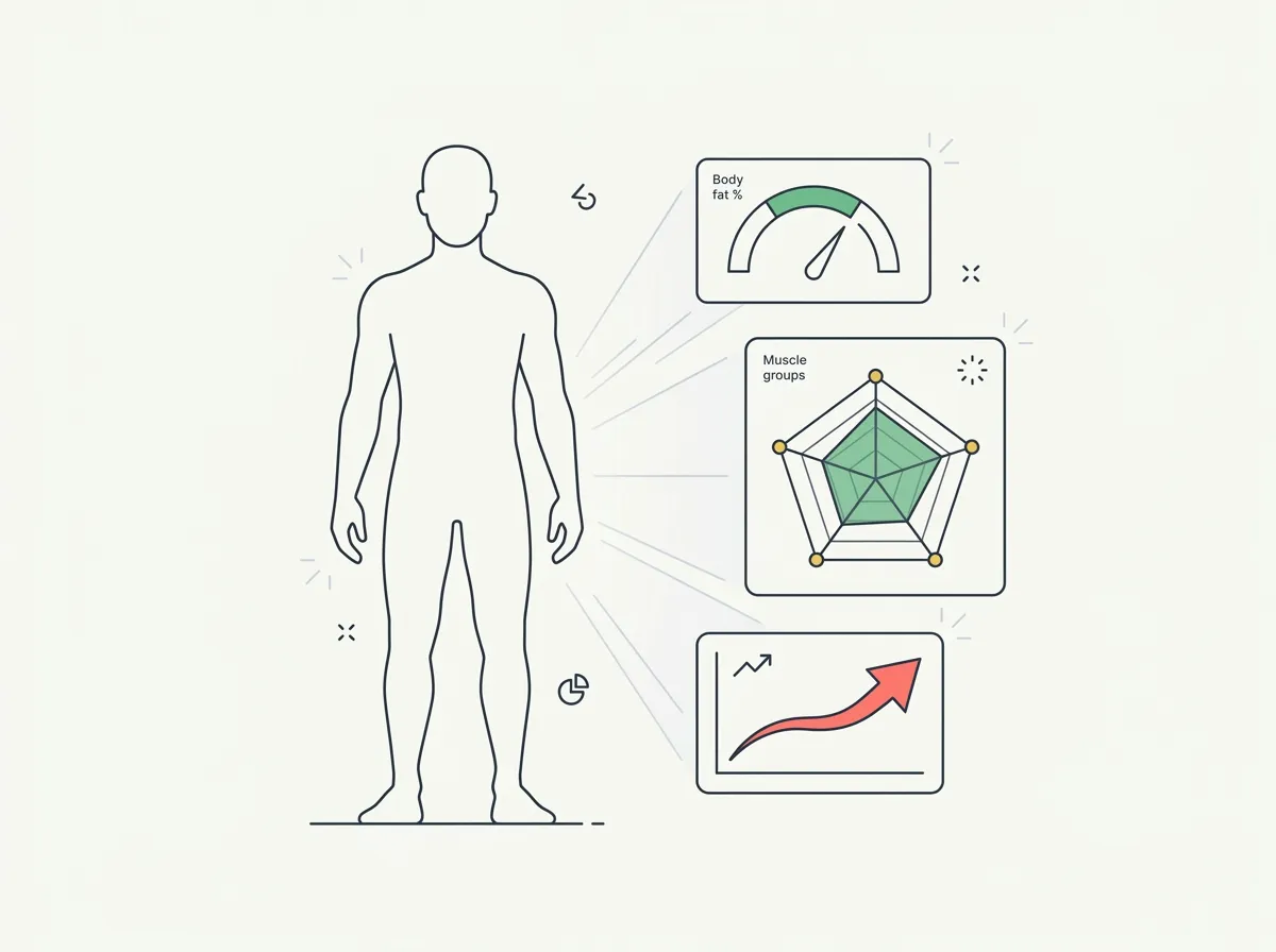 Human body silhouette with three floating analysis panels: a body fat percentage gauge, a muscle group radar chart, and a progress trajectory chart — representing the layers of data AI fitness analysis produces