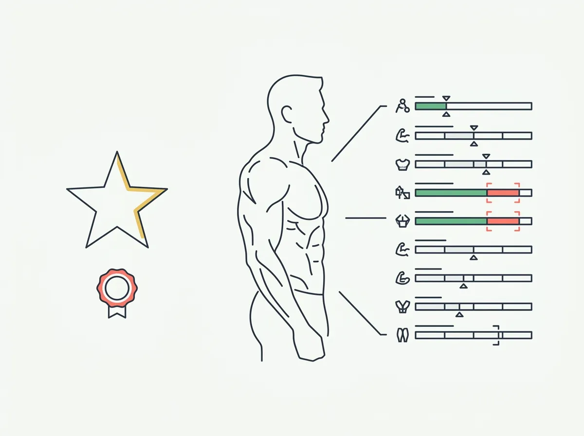 AI physique rating apps compared — vague single-photo score versus detailed multi-metric assessment with per-muscle deltas