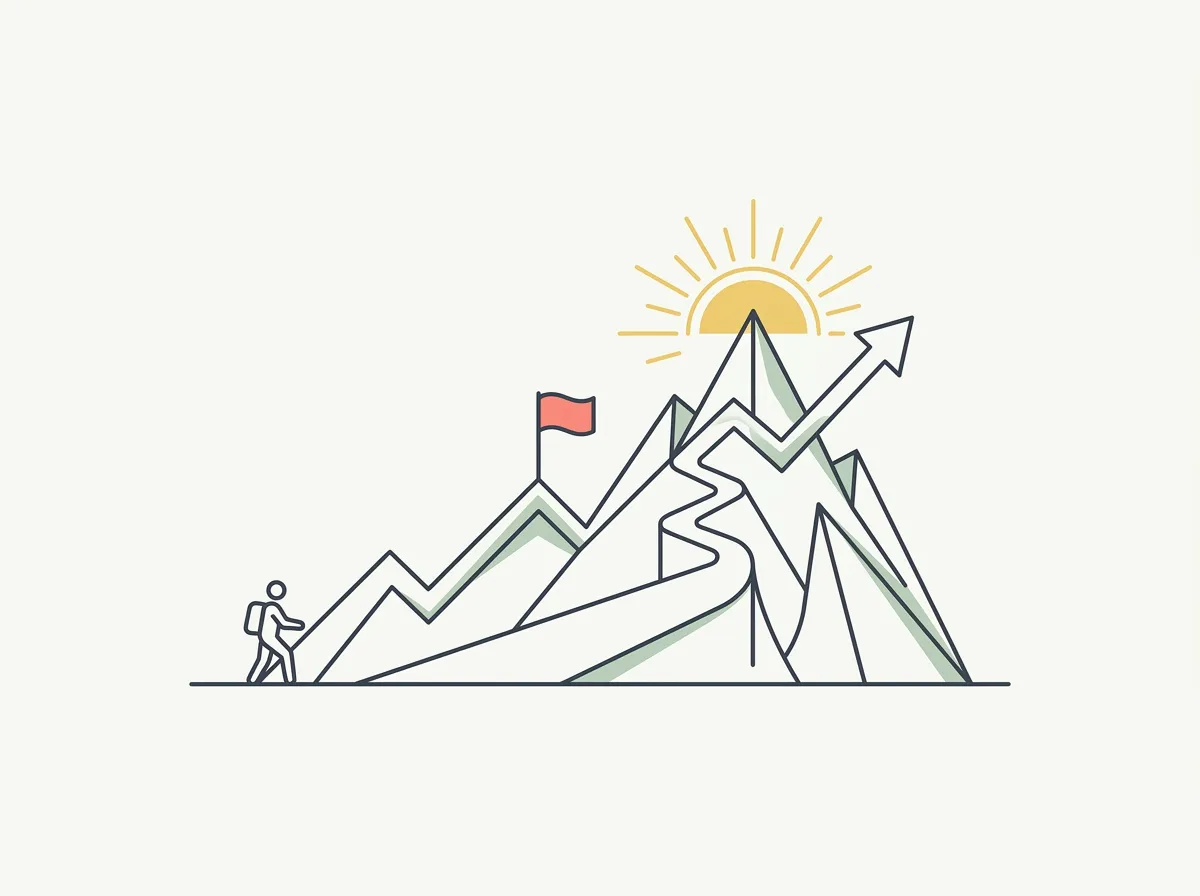 Line-art illustration of a hiker at the base of a mountain shaped like a rising chart, with a flag planted partway up and a sunrise behind the peak