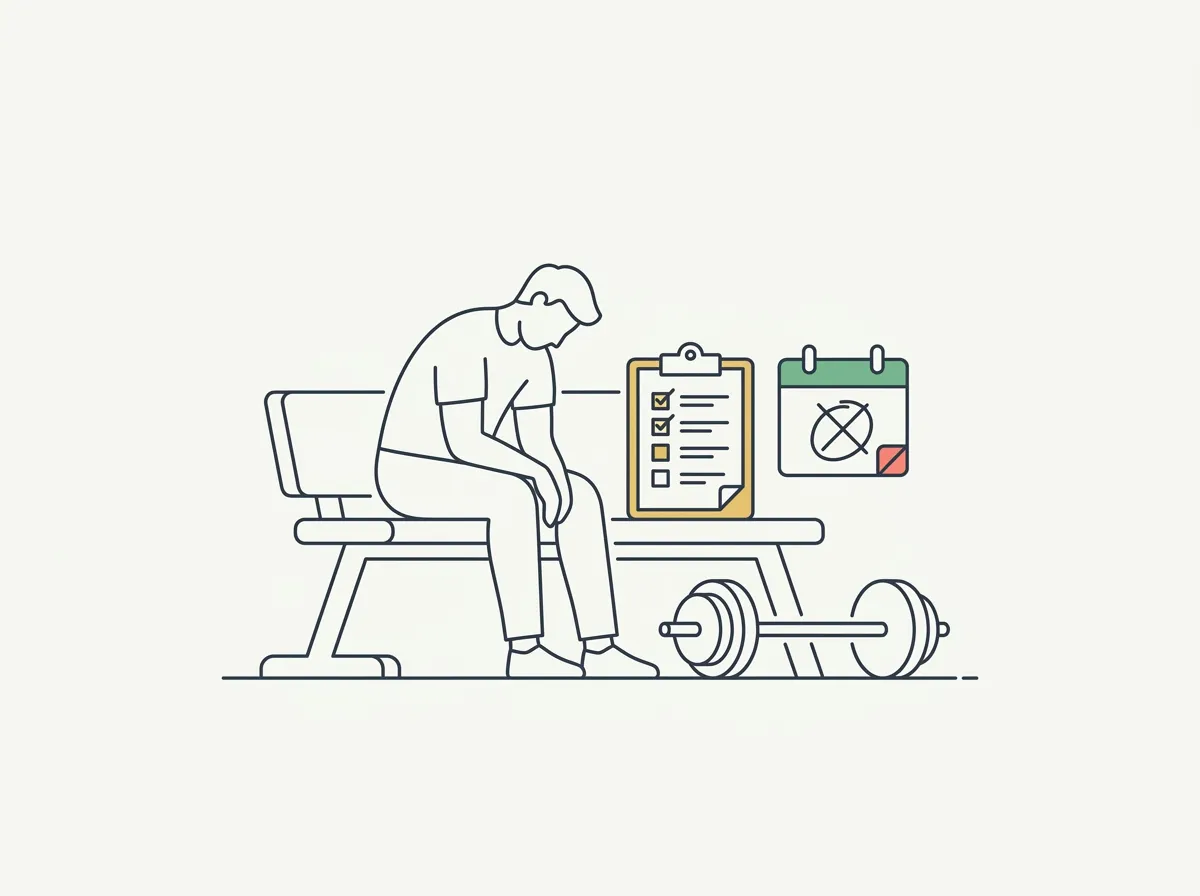 An exhausted lifter sitting on a bench beside a barbell with a checklist overlay, illustrating an overtraining self-check quiz