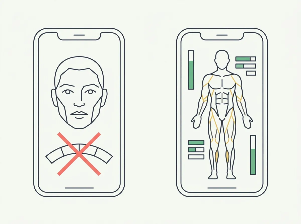 One smartphone showing a face rating gauge crossed out, next to another smartphone showing a full physique silhouette with score bars and muscle highlights