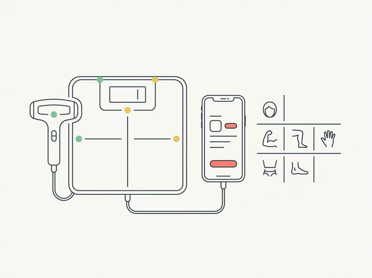 Illustration of a wide scale with a handle, companion phone, and regional body symbols