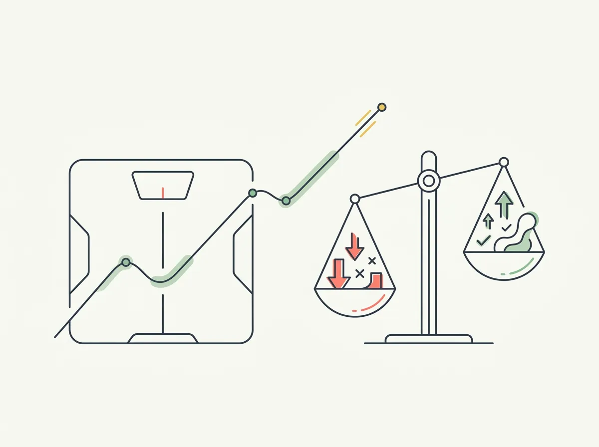 A smart bathroom scale beside a rising weight trend line and a balance motif weighing pros against cons