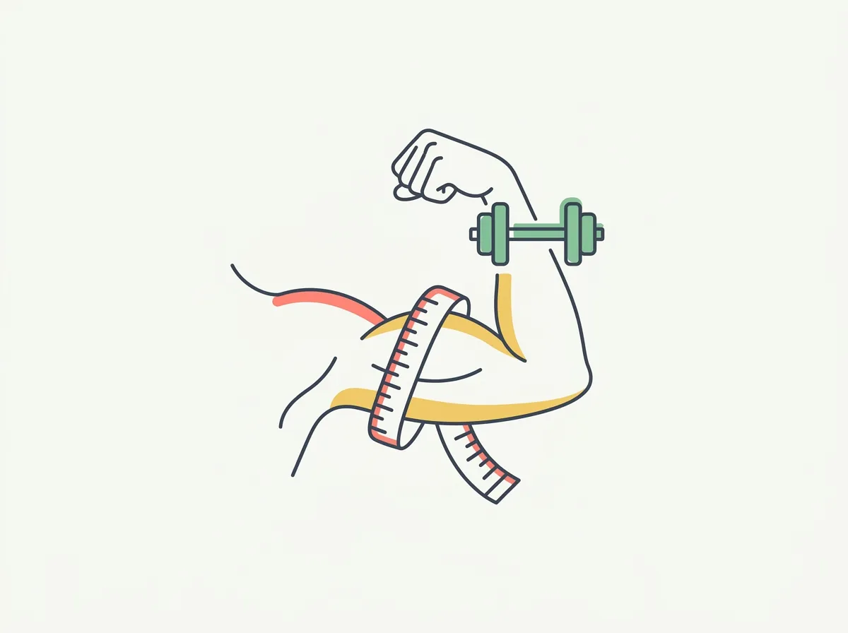 Measuring tape around a woman's upper arm beside a chart of average female arm circumference and the body fat range where toned arms show