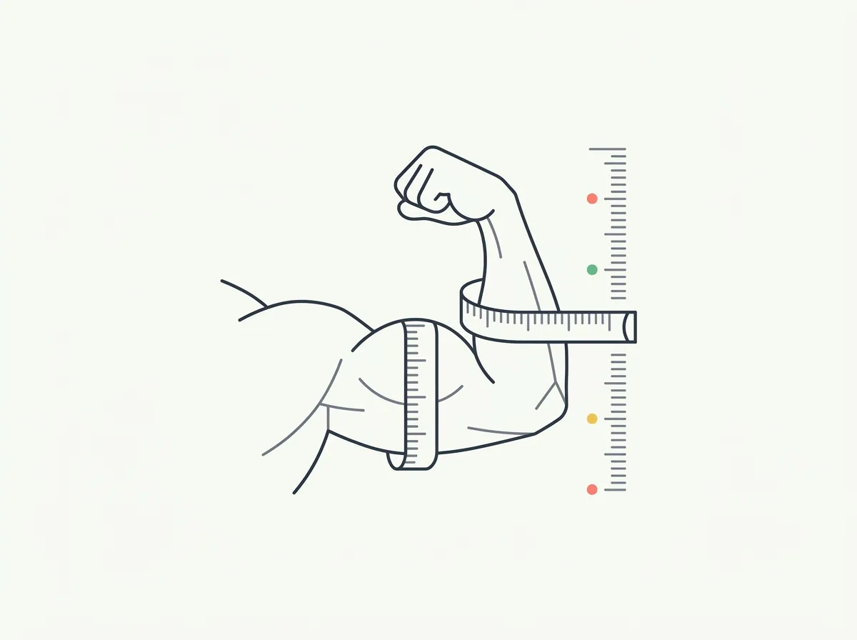 Measuring tape around a flexed male bicep beside a size chart comparing average, trained, and advanced arm measurements