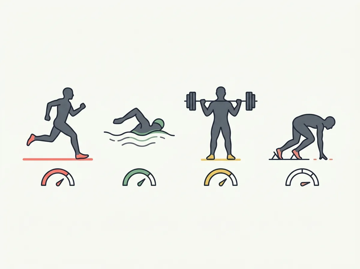Lineup of athlete silhouettes from marathon runner to football lineman above a chart of commonly reported body fat percentage ranges by sport