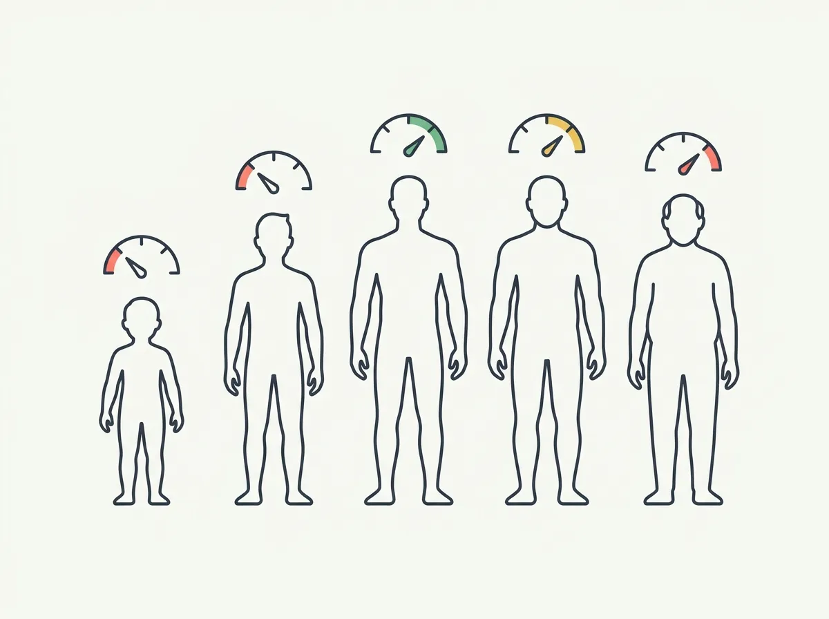 Four standardized male and female physique silhouettes labeled by decade beside a chart of body fat percentage rising with age