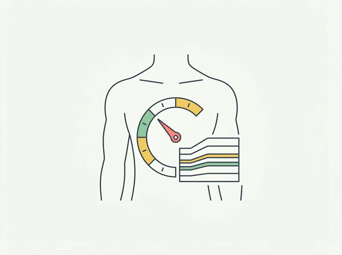 Three standardized male physique silhouettes at different body fat levels beside a chart of men's body fat categories from athletic to obese