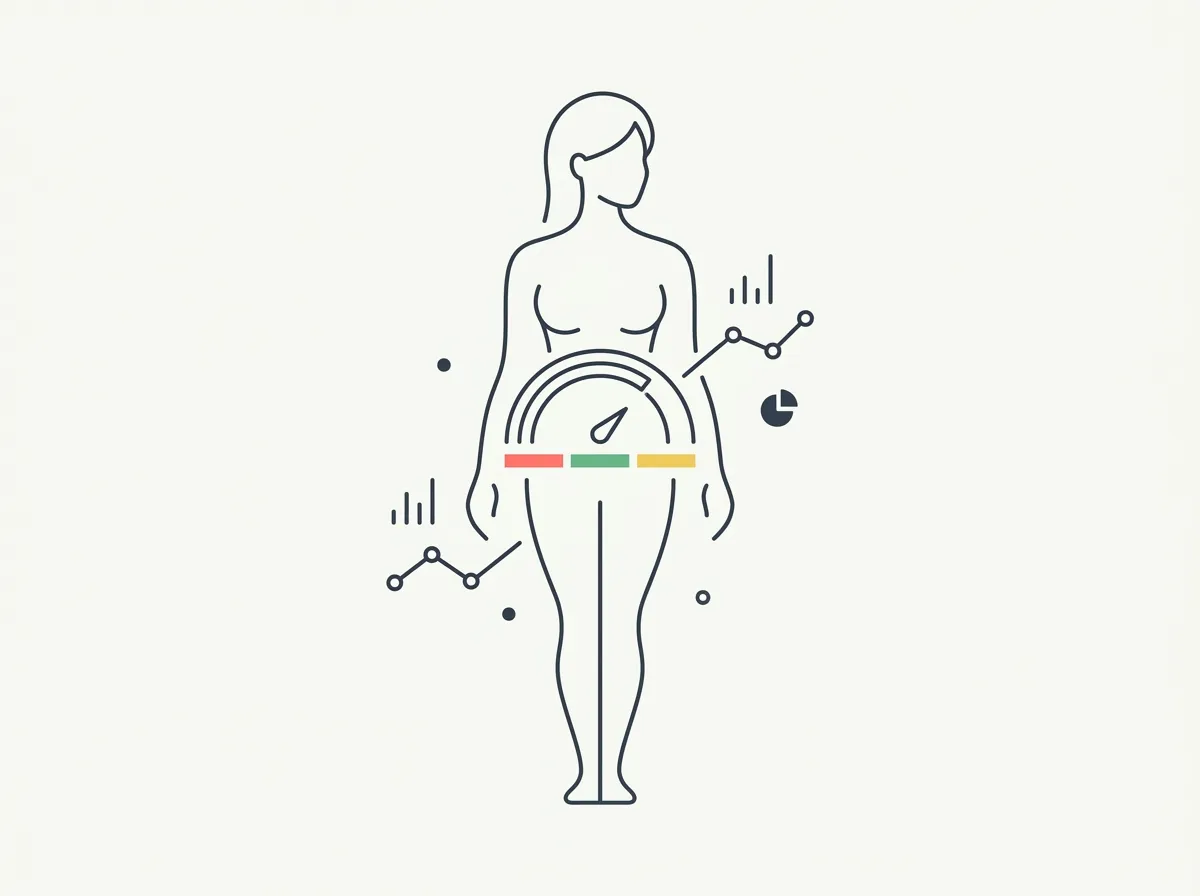 Three standardized female physique silhouettes at different body fat levels beside a chart of women's body fat categories from athletic to obese