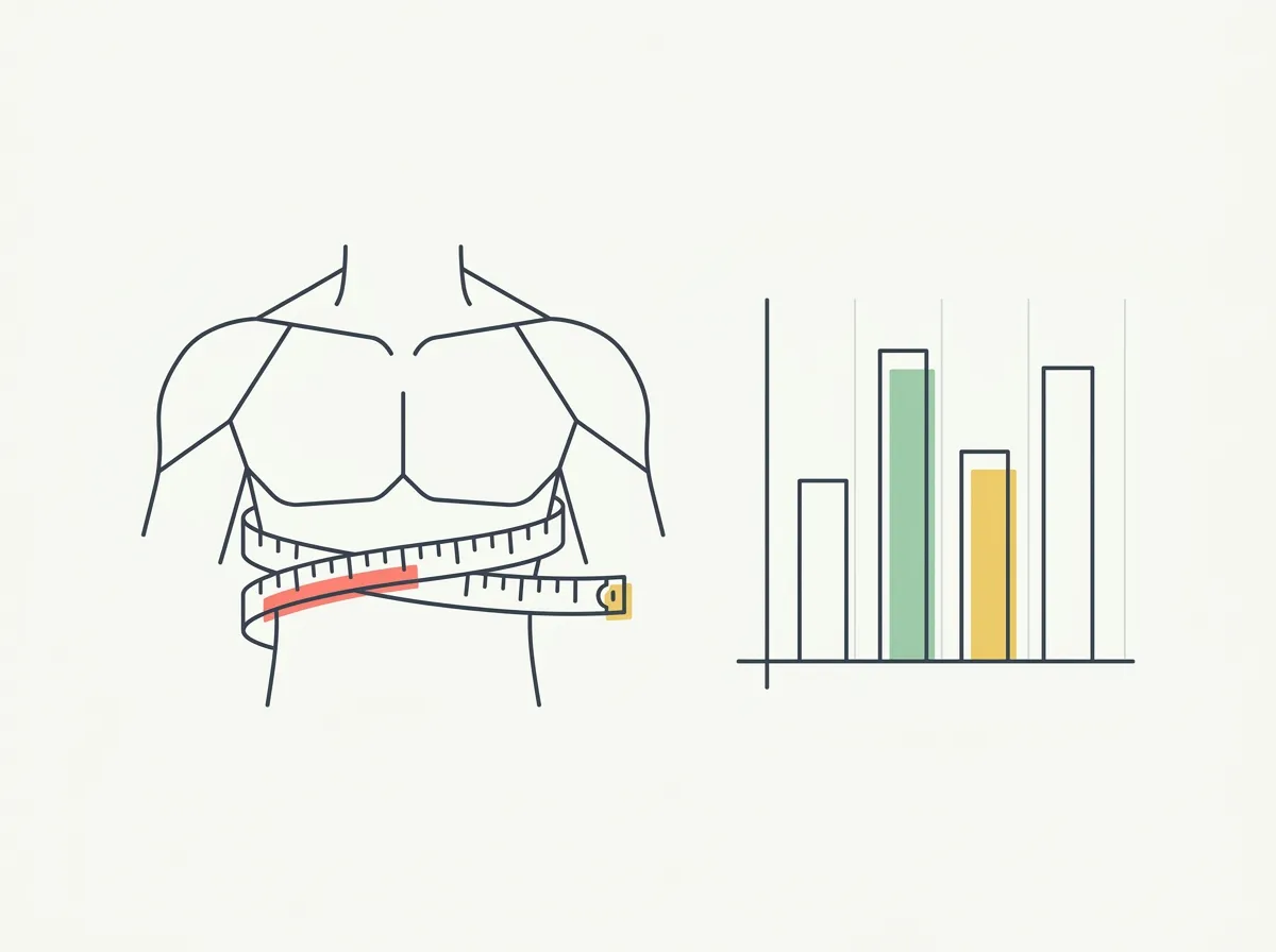 Measuring tape wrapped around a male chest beside a size chart comparing average, trained, and advanced chest measurements