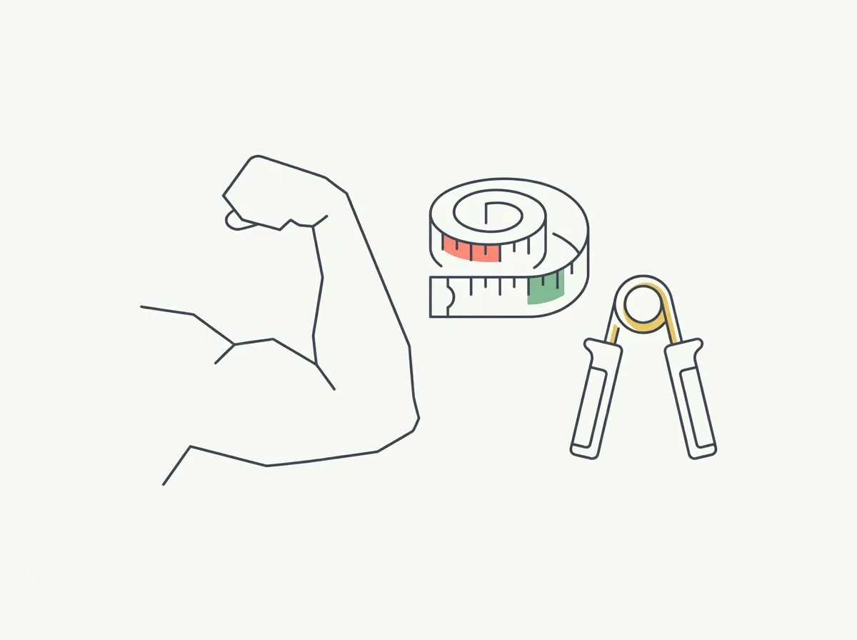 Flexed male forearm with a measuring tape at the widest point beside a forearm size chart by height