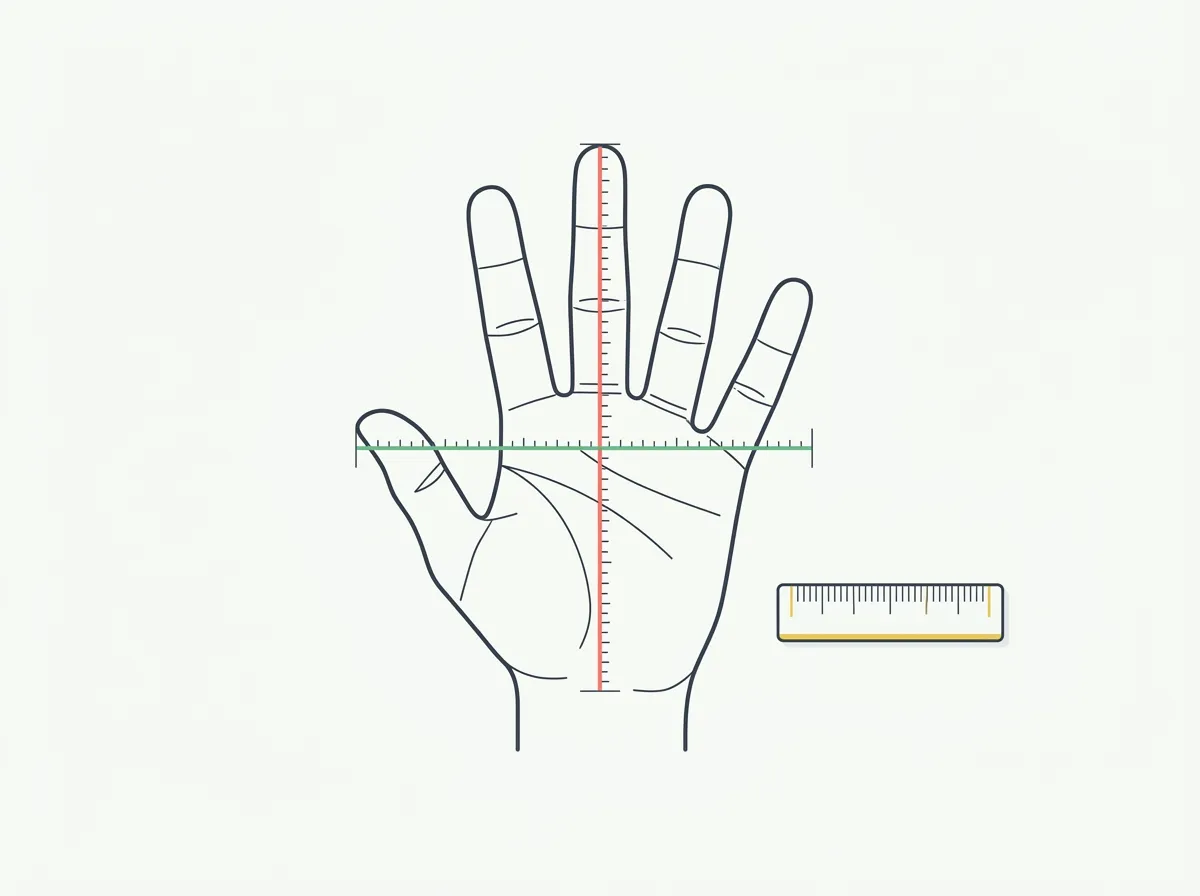 Open hand on a flat surface with measurement lines showing hand length from wrist crease to fingertip and span from thumb to pinky