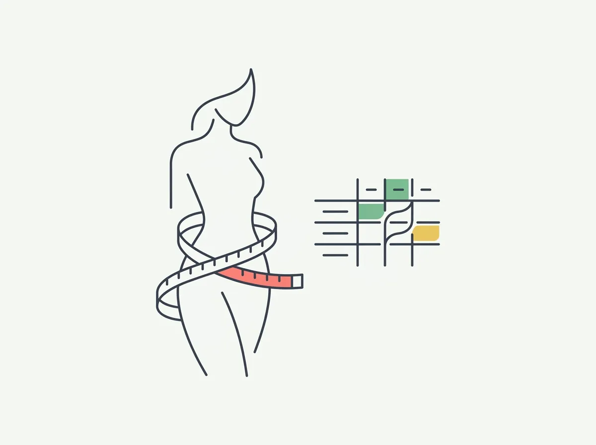 Measuring tape wrapped around the widest point of a woman's hips beside a hip size chart and a waist-to-hip ratio scale
