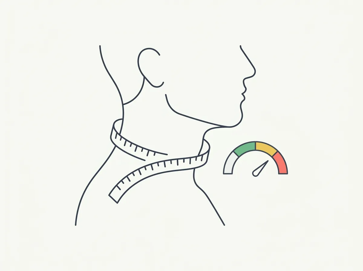 Measuring tape around a male neck silhouette beside a chart marking average and elevated neck circumference ranges
