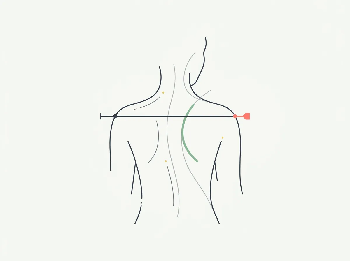 Female silhouette with shoulder width measurement markers comparing biacromial breadth and shoulder circumference against an average range chart