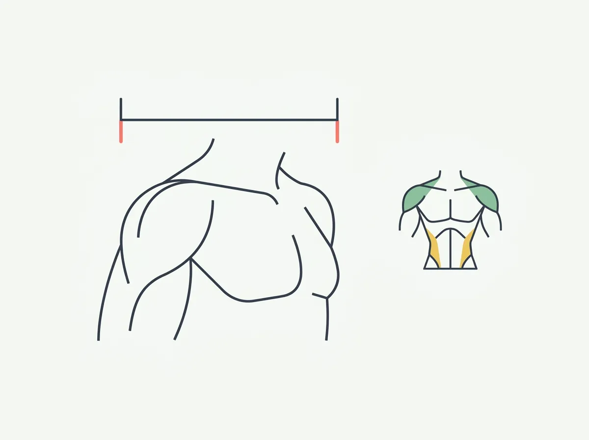 Male silhouette with shoulder width measurement markers beside a chart comparing average and broad shoulder measurements