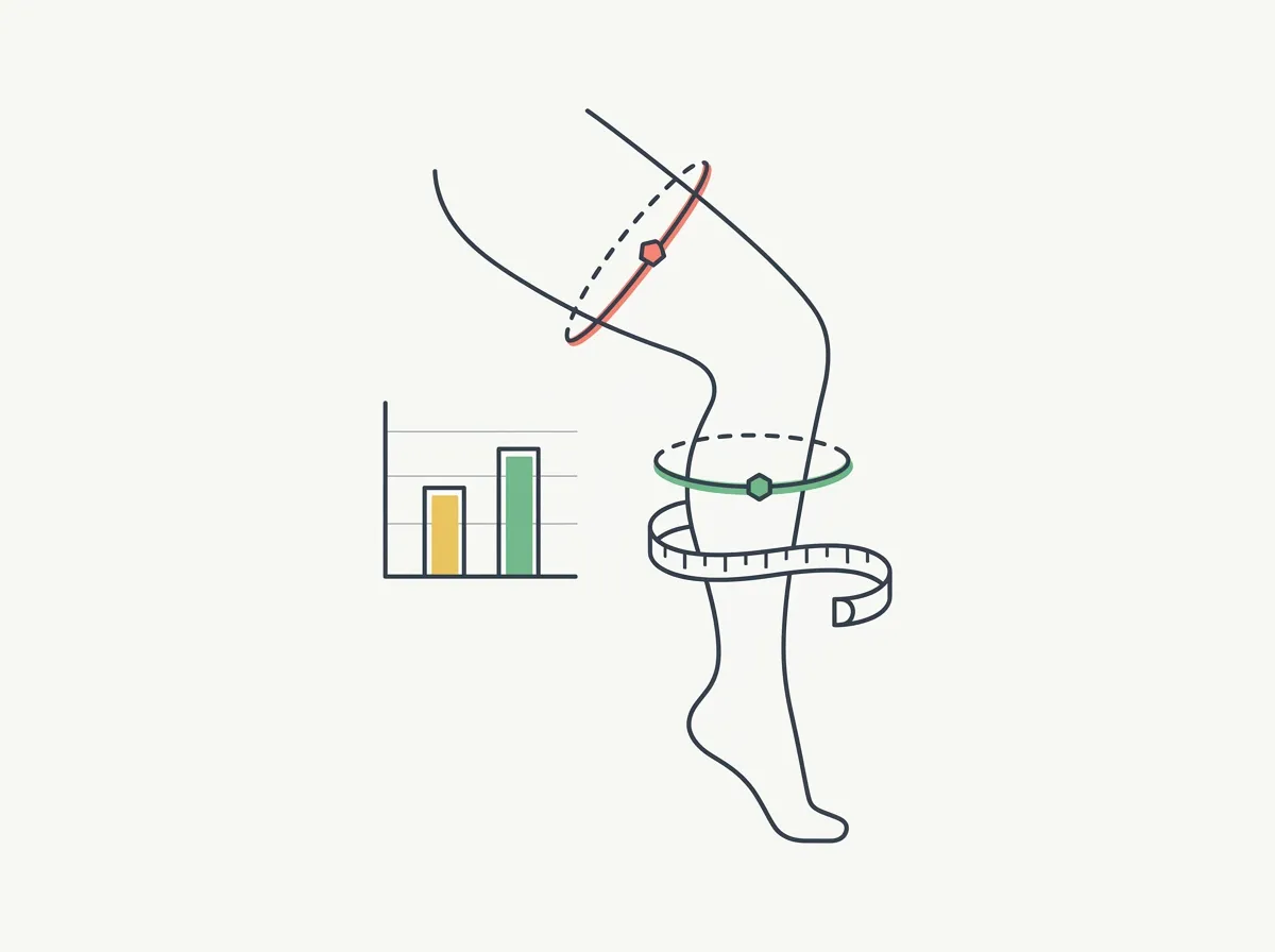 Measuring tape wrapped around an upper thigh beside a chart of average thigh circumference for men and women by training level