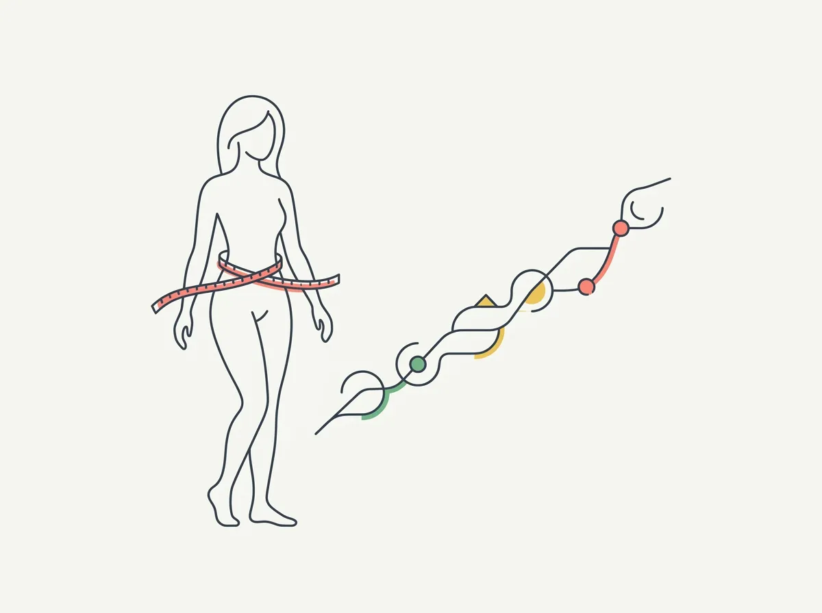 Measuring tape wrapped around a female torso at navel height beside a chart of average waist size for women by age and the 35-inch health threshold