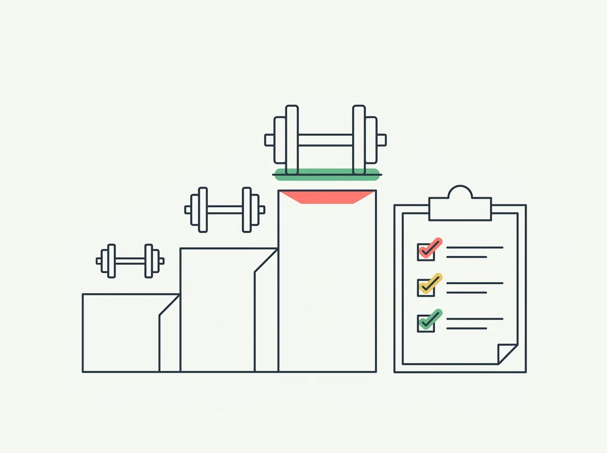 Three-column self-assessment chart for beginner, intermediate, and advanced lifters beside a barbell and a rising progress curve