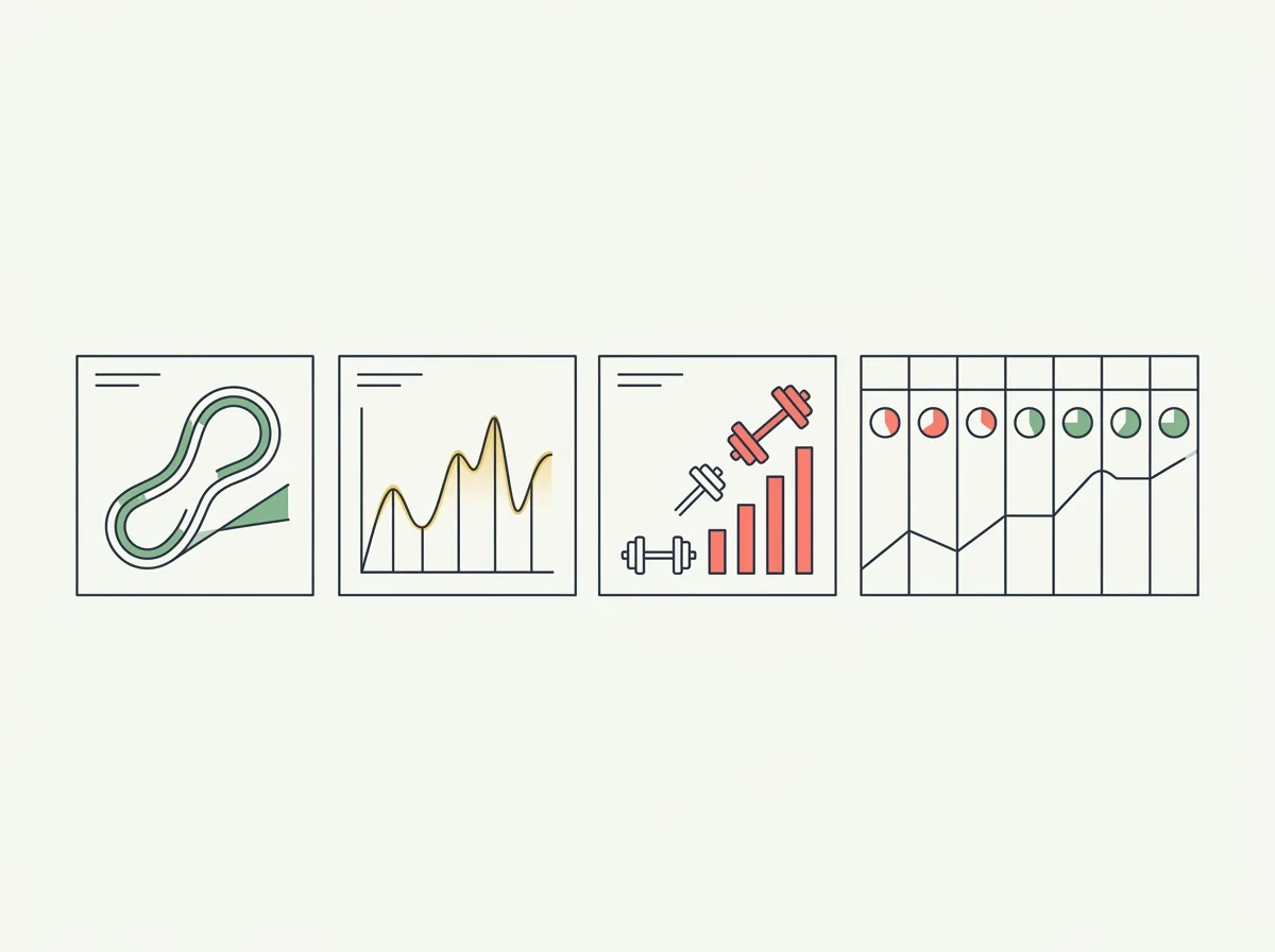 Illustrated running route, cycling graph and strength-training panels beside a weekly calendar