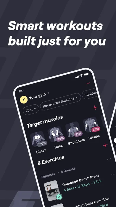 Fitbod publisher screenshot showing target muscles, recovery estimates and a gym exercise list