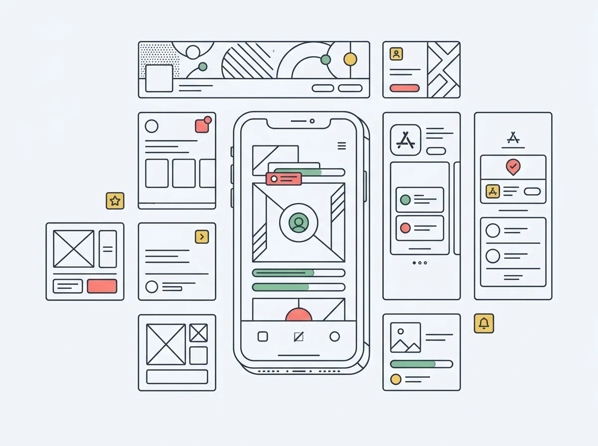A phone in a 3D device frame surrounded by App Store screenshot panels, a social header banner, and template tiles — the app launch asset toolkit
