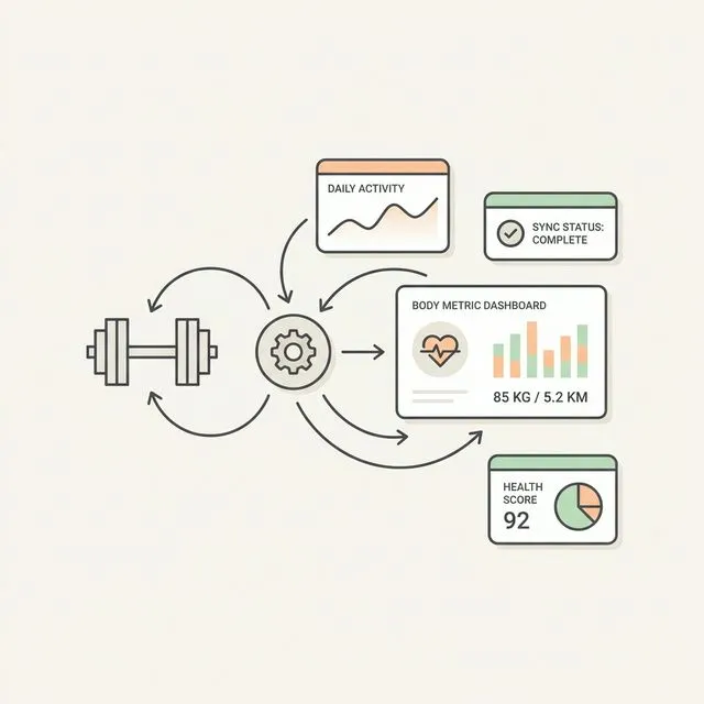 Phone screens showing weight, body composition, nutrition, and strength tracking apps for GLP-1 users