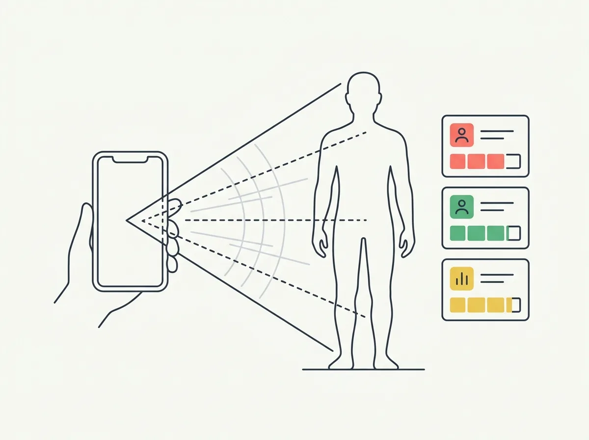 Abstract line-art illustration of a phone scanning a human silhouette into a body fat estimate, beside a ranked list of scanner app cards