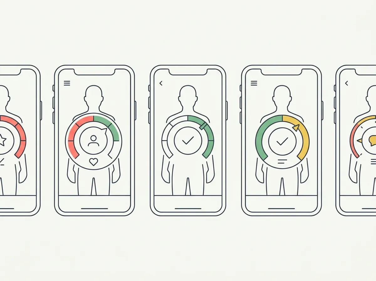 Three phone screens side by side rating a face, a physique score with muscle bars, and a body composition readout