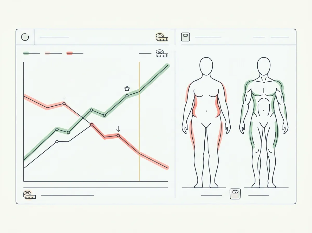 Abstract illustration of a body composition dashboard showing a muscle-gain line rising as a fat-loss line falls, beside a before-and-after body silhouette comparison