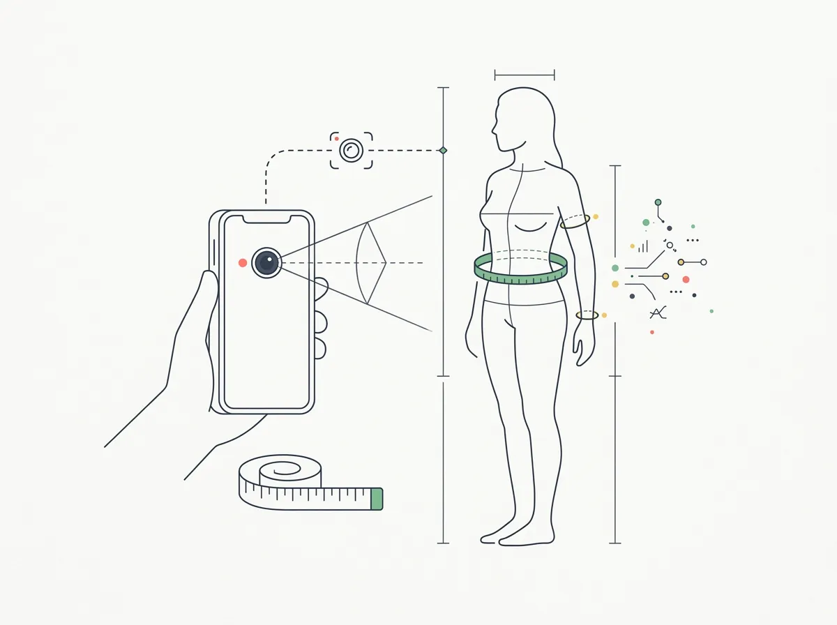 A smartphone scanning a standing human silhouette with measurement lines and circumference rings, next to a measuring tape — the concept behind body scanning and measurement apps