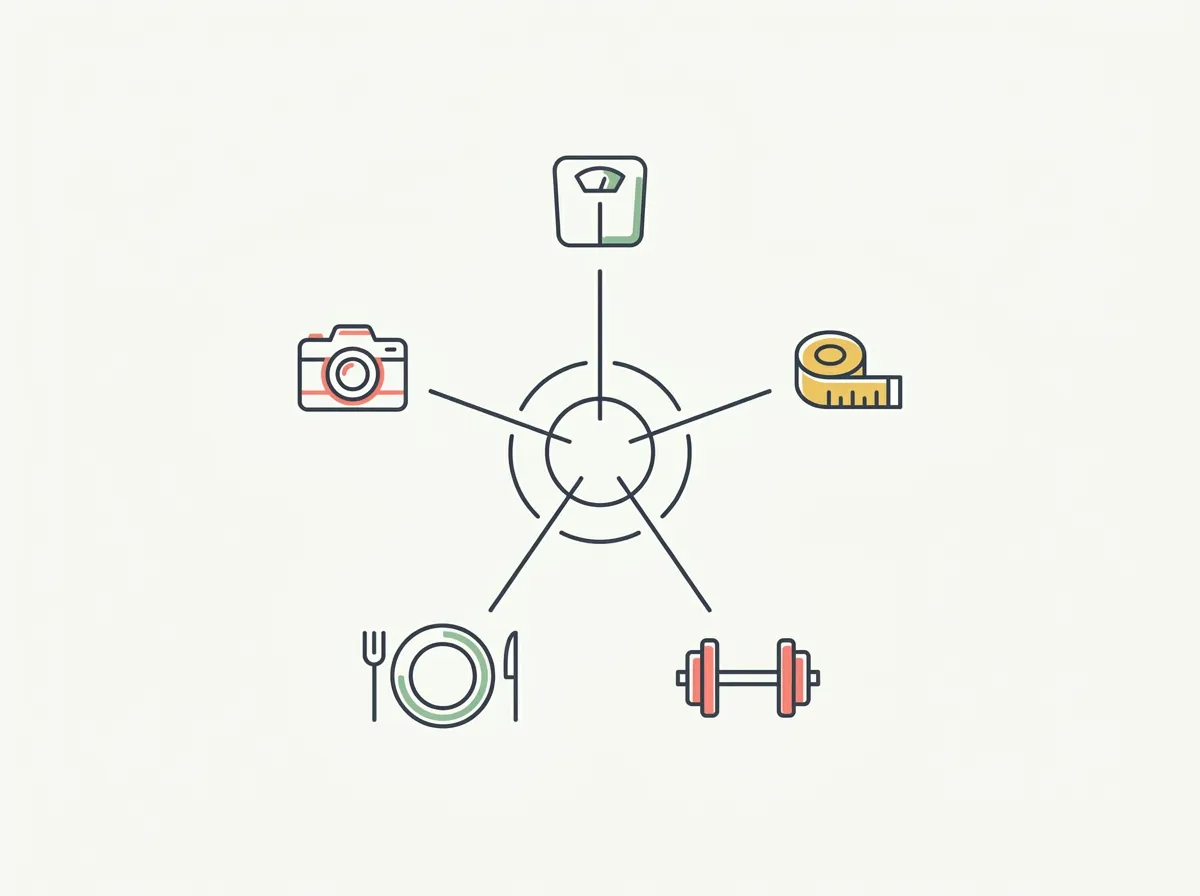 Six phone screens arranged in a grid showing different body tracking app types — progress photos, a 3D body scan, a smart scale readout, a workout log, and a food diary