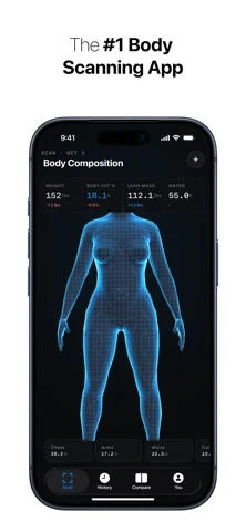 Recomp AI presents a 3D body model and estimated composition metrics.
