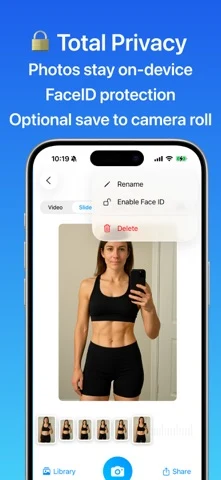 Metamorph displays a photo timeline and a menu that includes Face ID protection