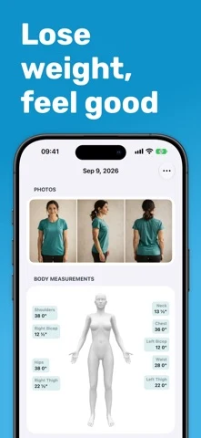 Progress shows front, side and back photographs above manually recorded body measurements