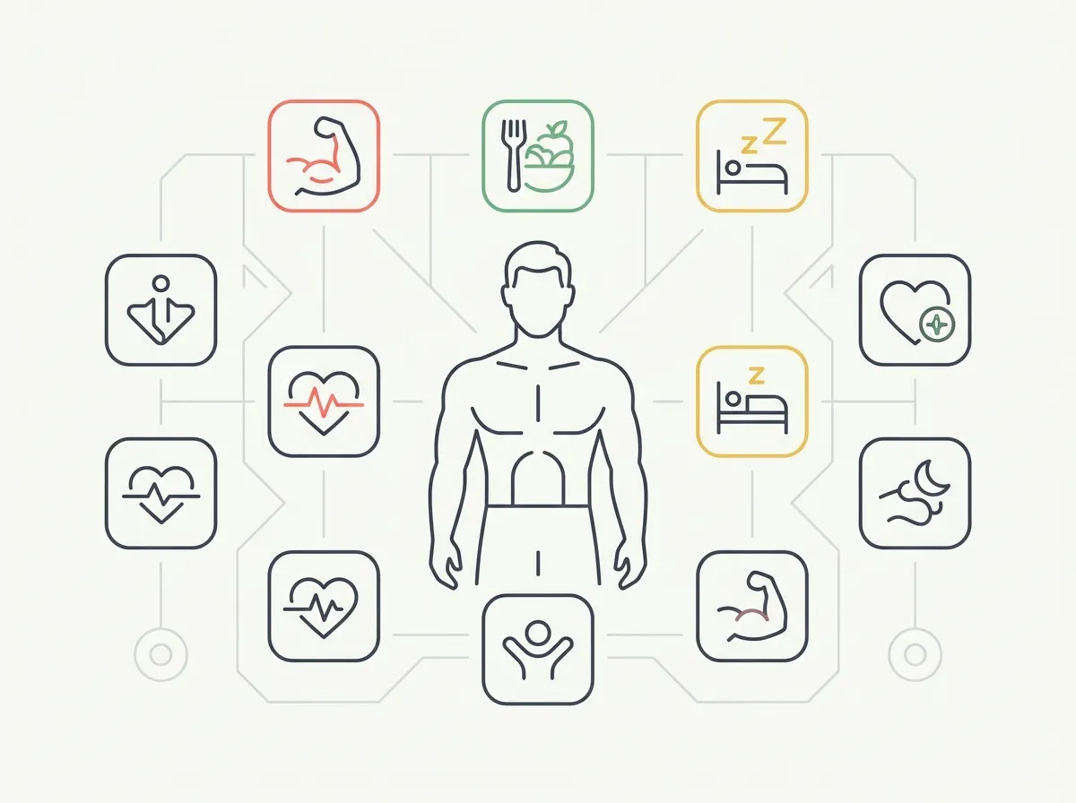 A grid of fitness app icons sorted into labeled goal columns for lifting, nutrition, physique tracking, recovery and cardio on a phone screen