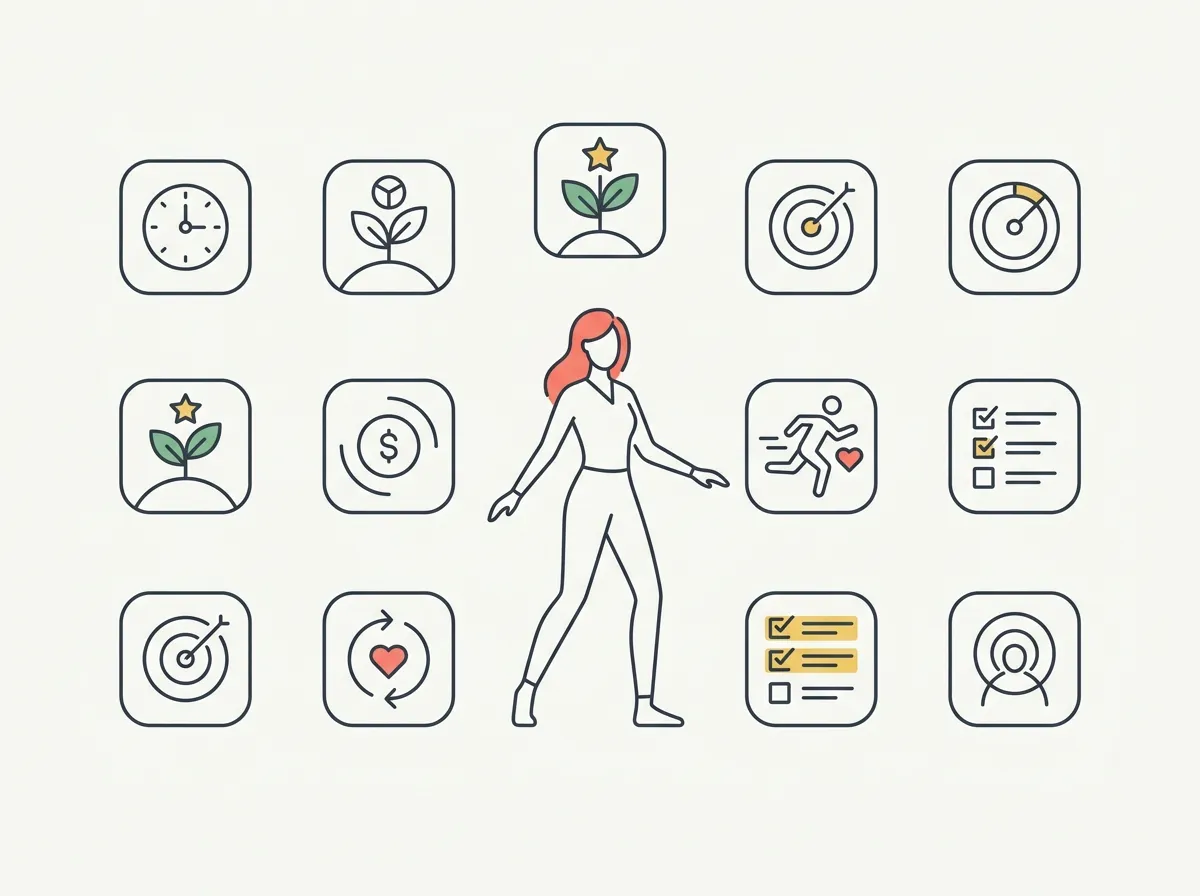 A phone screen showing fitness app icons sorted into labeled goal columns for strength training, nutrition, physique tracking, cycle awareness and recovery