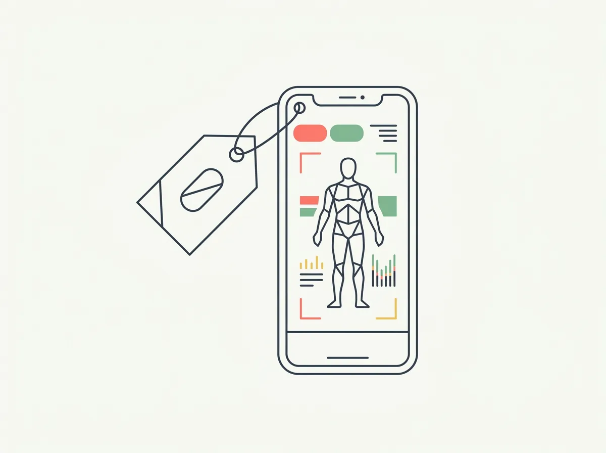 A phone showing a free body fat estimate result next to a price tag crossed out and a tape measure coiled beside it