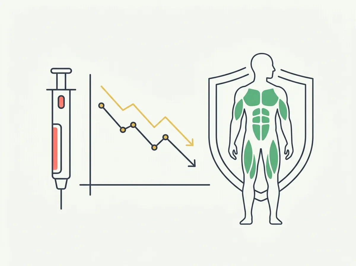 A medication pen and a downward weight trend chart beside a human silhouette with muscle areas highlighted in green, protected by a shield outline