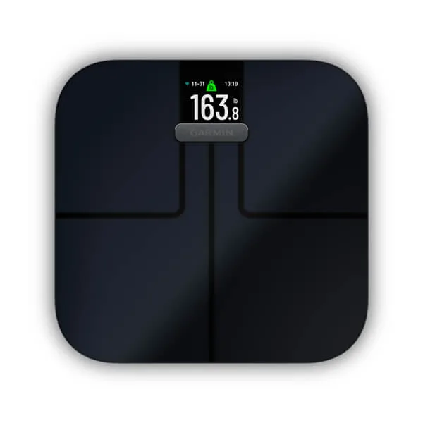 Black Garmin Index S2 scale displaying body weight