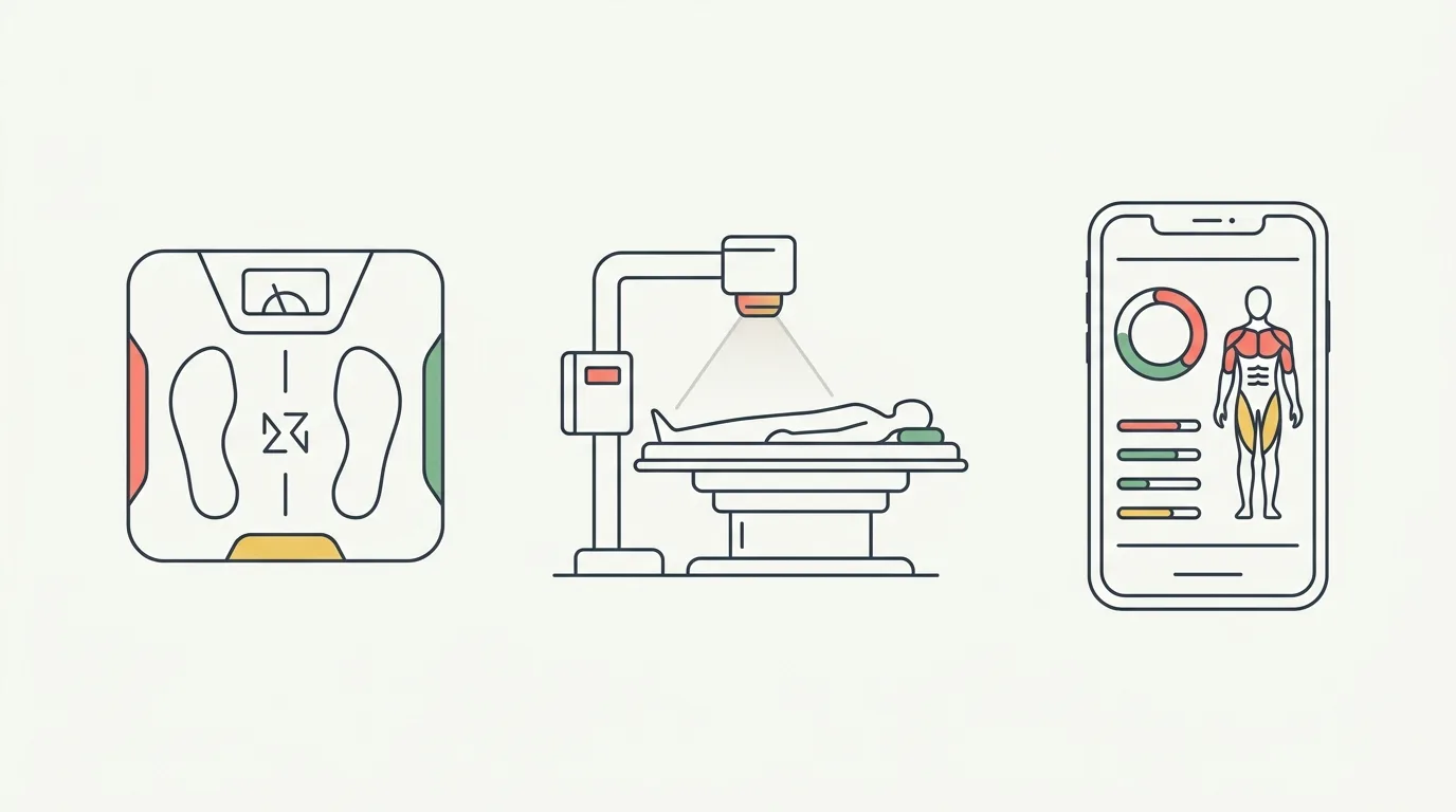 Several body composition methods laid out side by side — an InBody-style BIA scale, a DEXA machine, and a phone showing an AI body analysis dashboard with a score ring and per-muscle bars