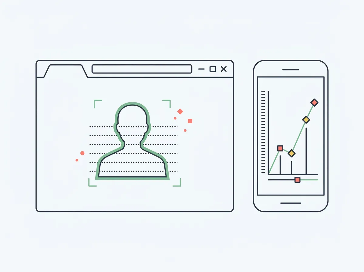 A web browser window analyzing a human silhouette photo with scan lines, next to a smartphone showing a scored progress timeline