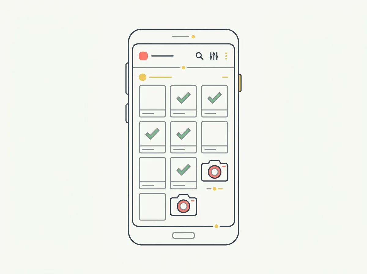 An Android phone showing a side-by-side progress photo comparison next to a gallery grid of dated body shots and a browser window