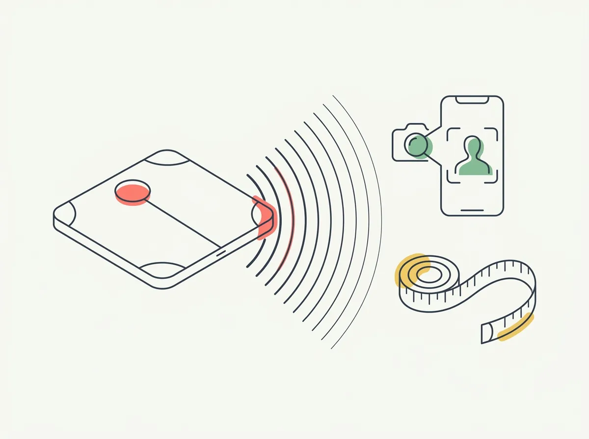 A smart scale with measurement waves on one side and alternatives on the other — a smartphone camera viewing a human silhouette and a measuring tape